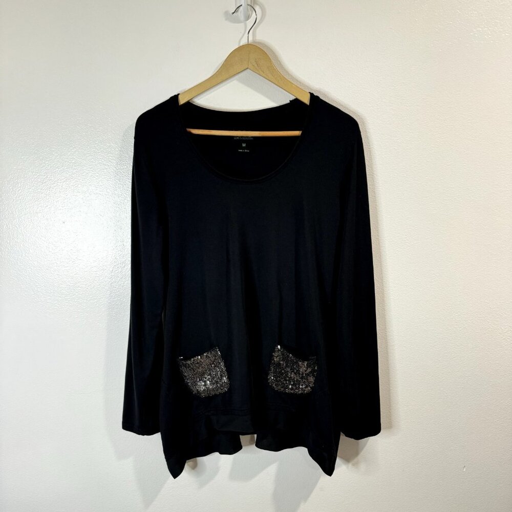 LOGO Lori Goldstein Shirt M Tunic Black Long Sleeve Sequin Pockets Jersey